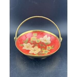 Vintage Brass Enamel Cloisonne Dish with Embossed Handle